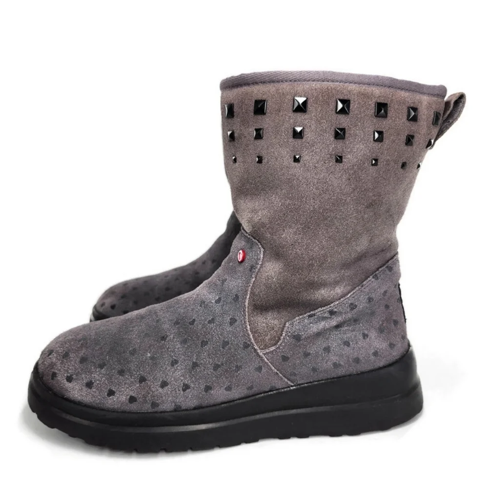 UGG I Heart Rock 'N Roll Grey Printed Hearts Black Studded Pull-On Short Boots